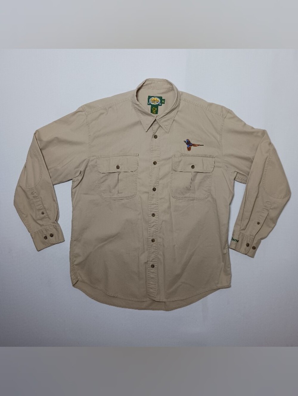 Cabela's Mens Outdoor Utility Shirt Large Beige Elbow Patch Pheasant Embroidery